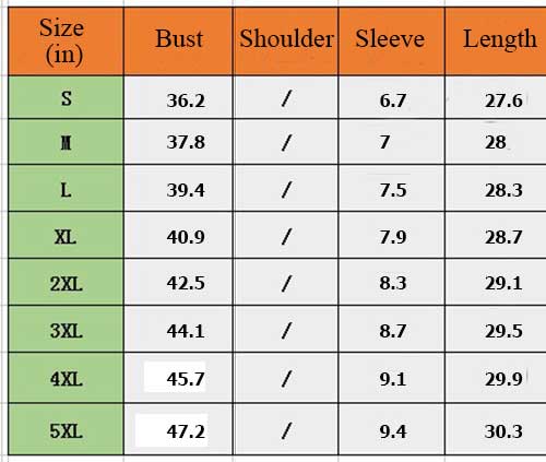 Short Sleeve T Shirt 01 Size Chart