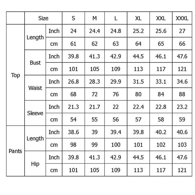 Tie Dye Pajamas Set01 Size Chart