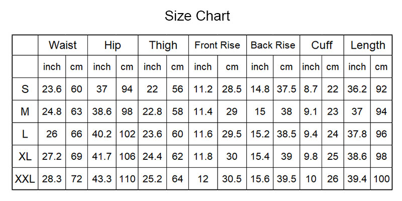 Fleece Lined Sweatpants Size Chart