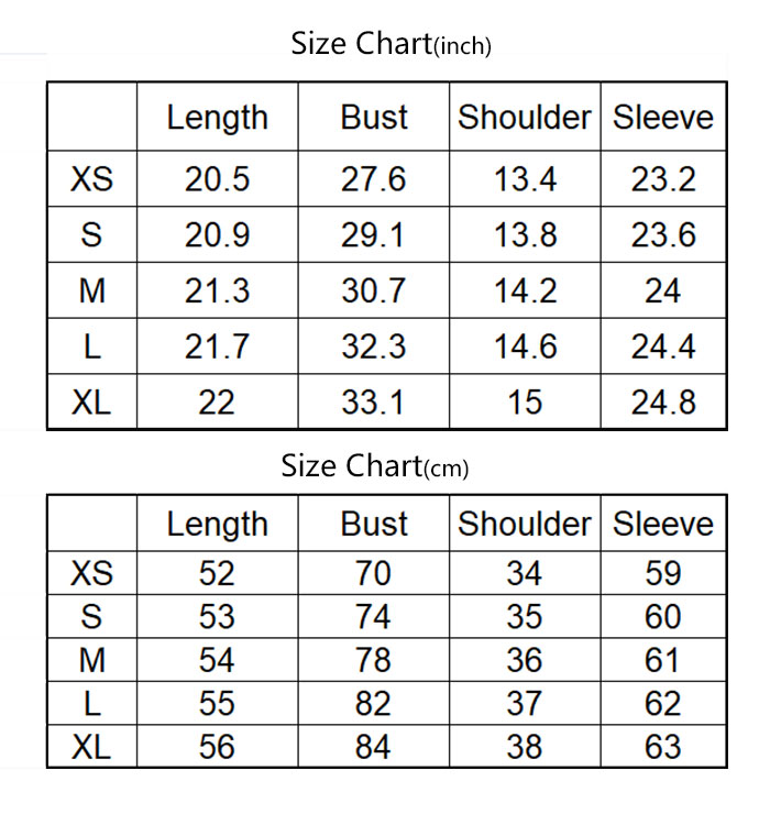 Long Sleeve Crop Top Size Chart