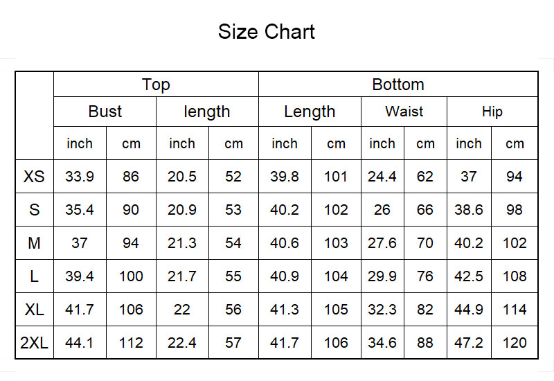 2 Piece Outfits Size Chart