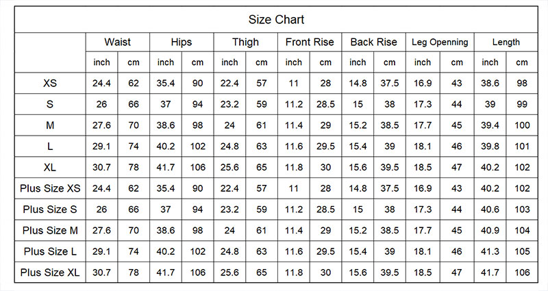 Women's Cargo Pants Size Chart