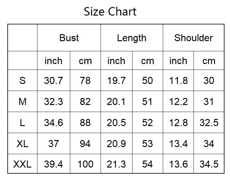 Square Neck Tank Tops Size Chart