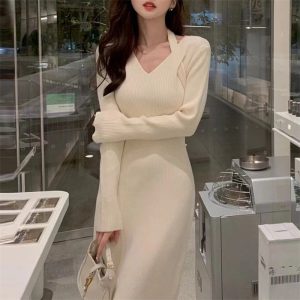 Knitted Dress Womens Bodycon Slit Long Halter Neck Skirt