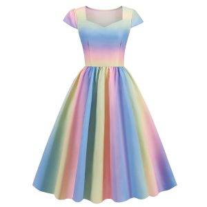 Rainbow Dress Women's Scoop Neck Cap Sleeve Swing Dress