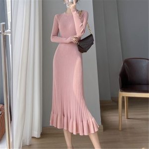 Mermaid Dress Women Crew Neck Knitted Midi Dress